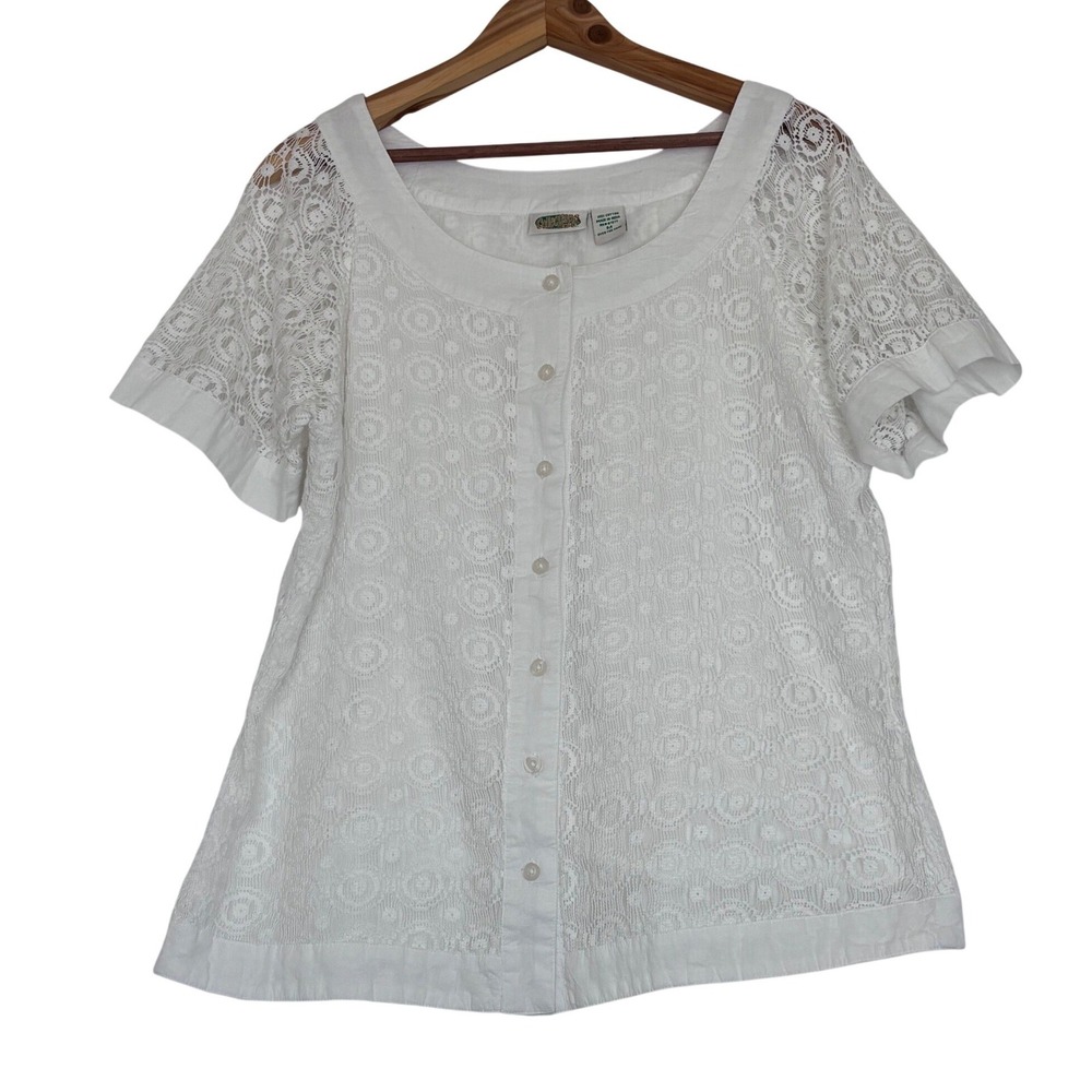 White Eyelet Lace Button Front Blouse Cotton Short Sleeve Top M Cottagecore VTG